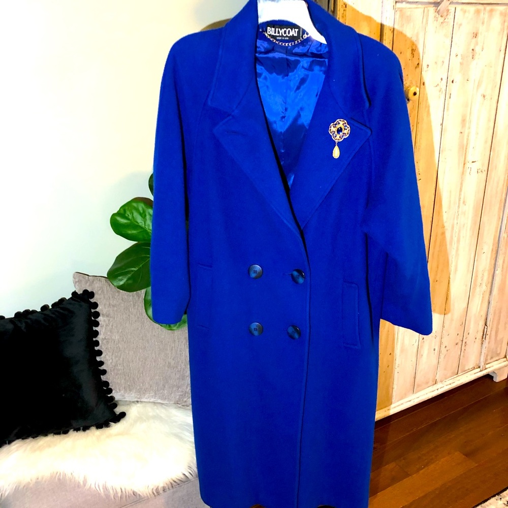 Vintage Women’s long Royal Blue wool coat with broach